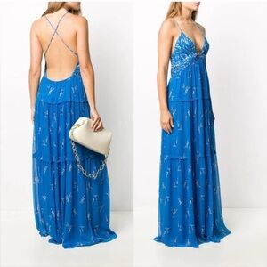 ba&sh Masha Printed Floral Plunge V Neck Open Back Maxi Dress Blue Fairy 1 Small